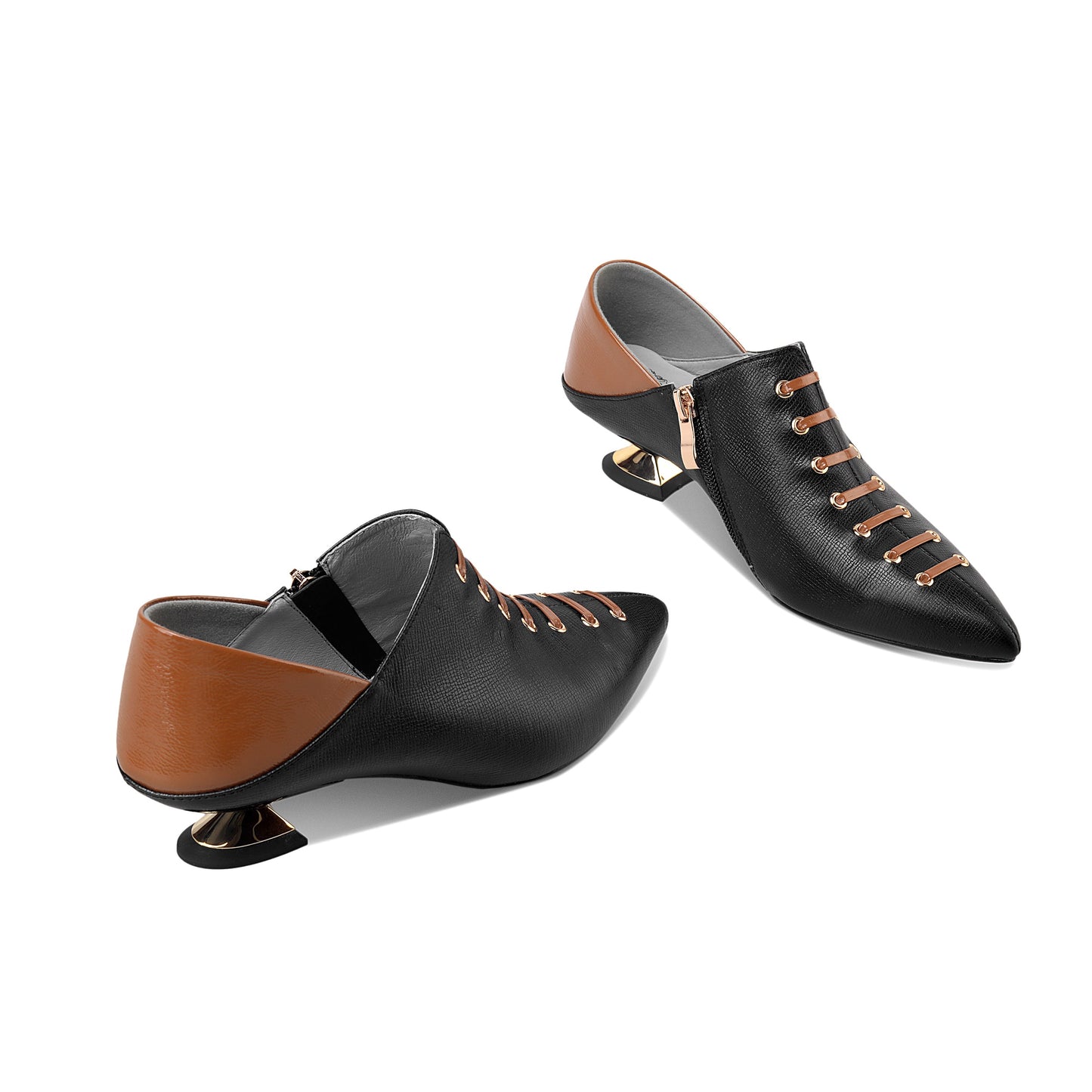 Nine Seven Women's Handmade Genuine Leather Unique Low Chunky Heel Pointed Toe Side Zip Up Assorted Color Pump Shoes