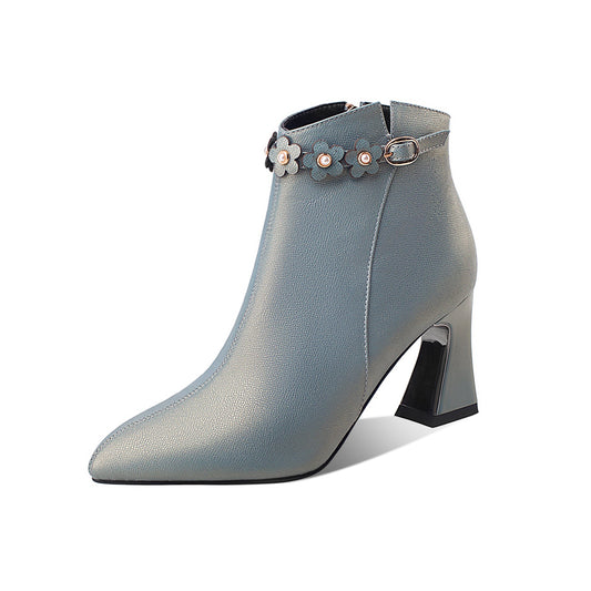 Nine Seven Women's Handmade Genuine Leather Mid Spool Heel Side Zip Up Trendy Ankle Booties with Floral Buckle Decor