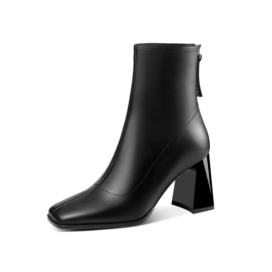 Nine Seven Women's Square Toe Genuine Leather Handmade Back Zipper High Chunky Heels Trendy Ankle Boots