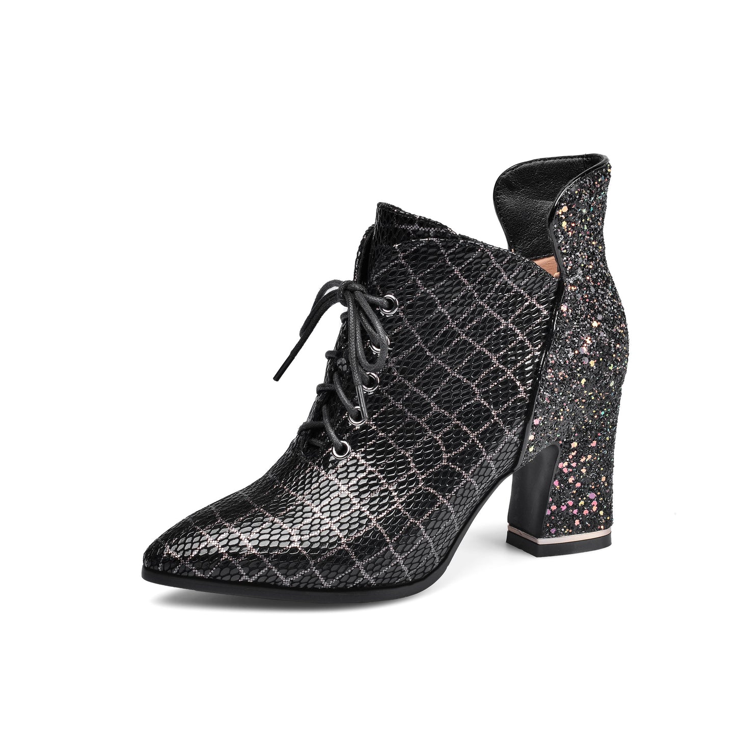 Nine Seven Genuine Leather Pointed Toe Handmade Lace Up Side Zipper Chunky Heels Stylish Booties