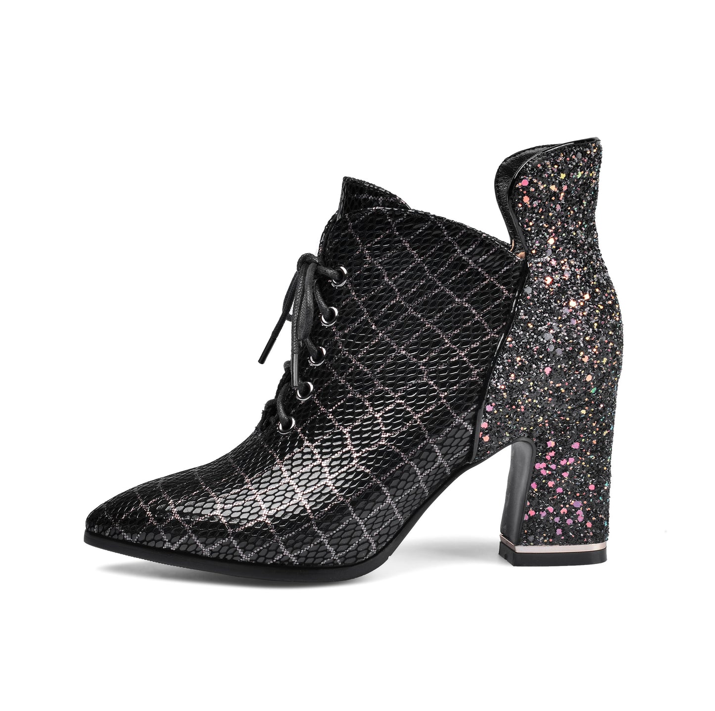 Nine Seven Genuine Leather Pointed Toe Handmade Lace Up Side Zipper Chunky Heels Stylish Booties