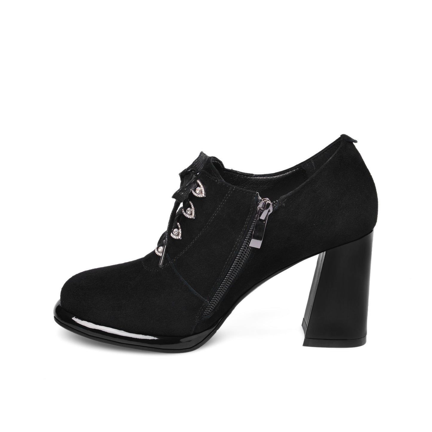 Nine Seven Women's Round Toe Suede Leather Handmade Side Zipper Sleftie Pump Shoes with High Chunky Heel