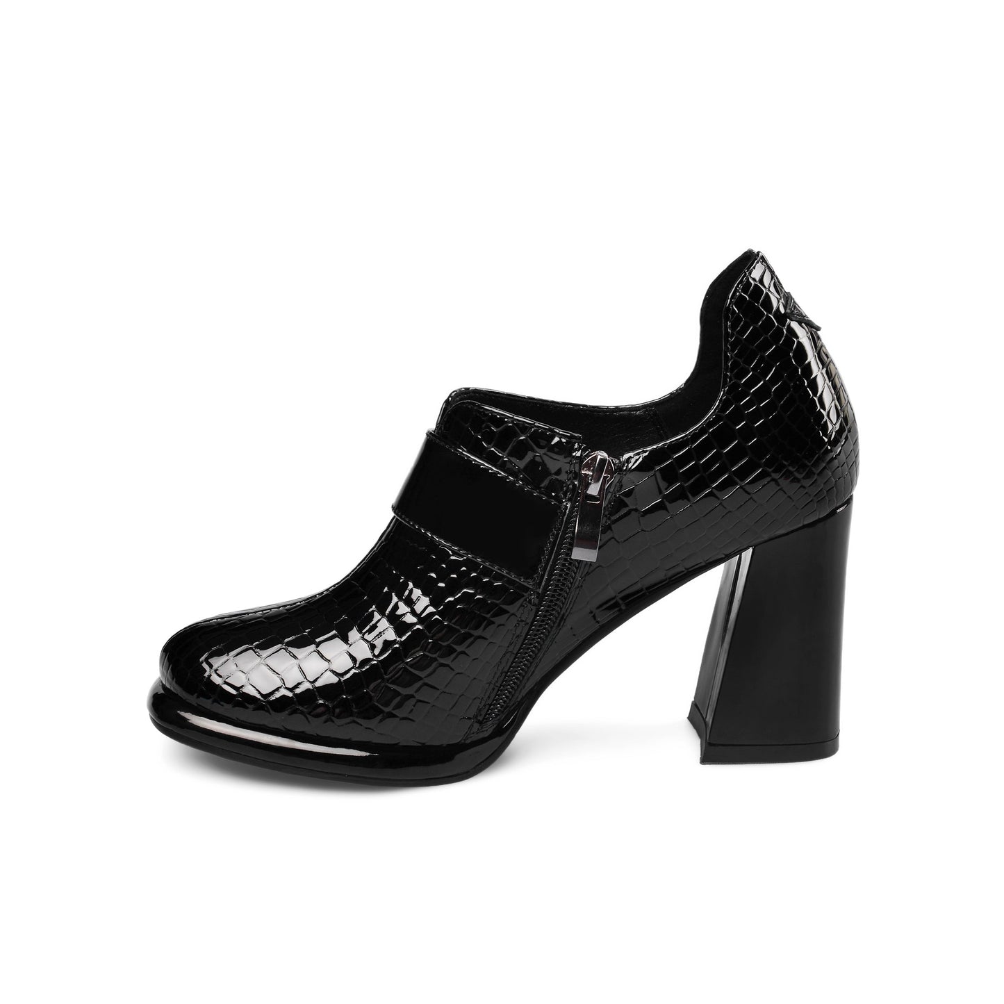 Nine Seven Women's Handmade Patent Leather Round Toe Zip Up High Chunky Heel Chic Pumps Shoes with Buckle