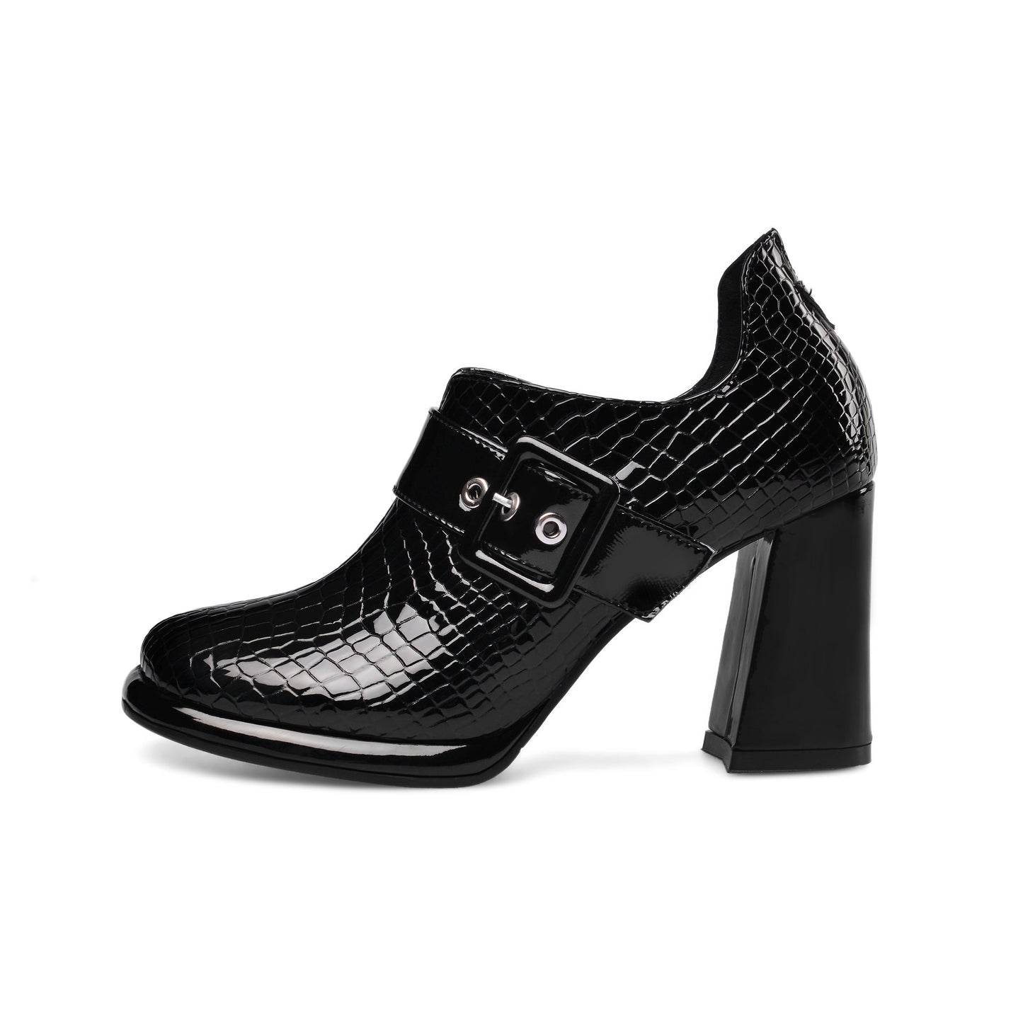 Nine Seven Women's Handmade Patent Leather Round Toe Zip Up High Chunky Heel Chic Pumps Shoes with Buckle