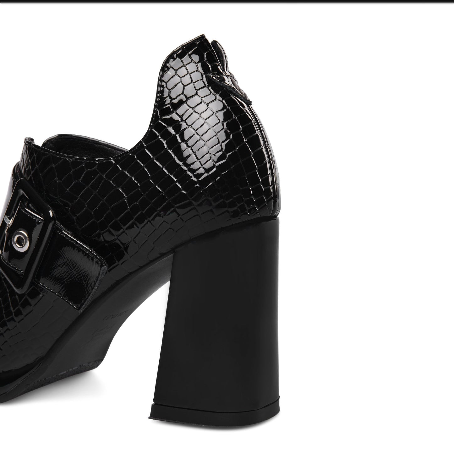 Nine Seven Women's Handmade Patent Leather Round Toe Zip Up High Chunky Heel Chic Pumps Shoes with Buckle