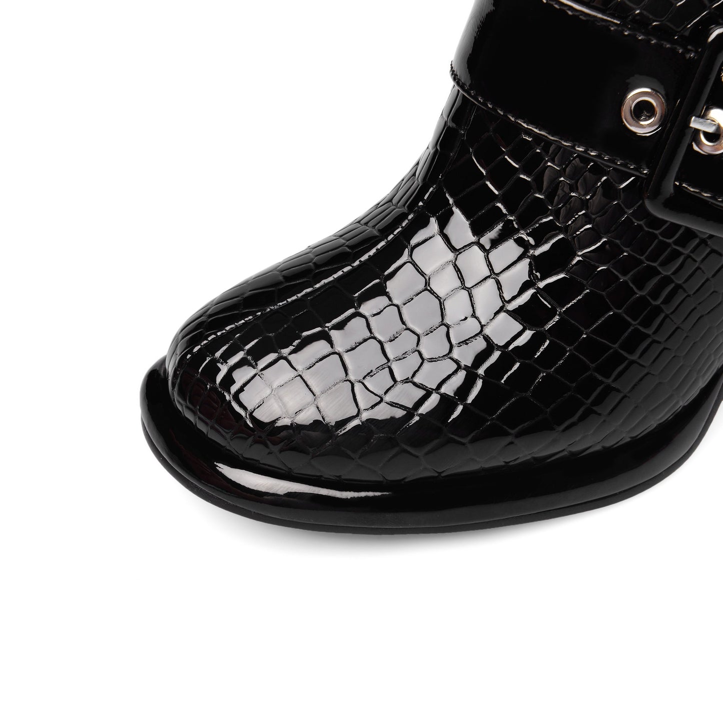 Nine Seven Women's Handmade Patent Leather Round Toe Zip Up High Chunky Heel Chic Pumps Shoes with Buckle