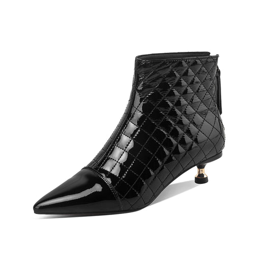 Nine Seven Women's Genuine Leather Pointed Toe Handmade Plaid Stylish Kitten Heel Back Zipper Bootie