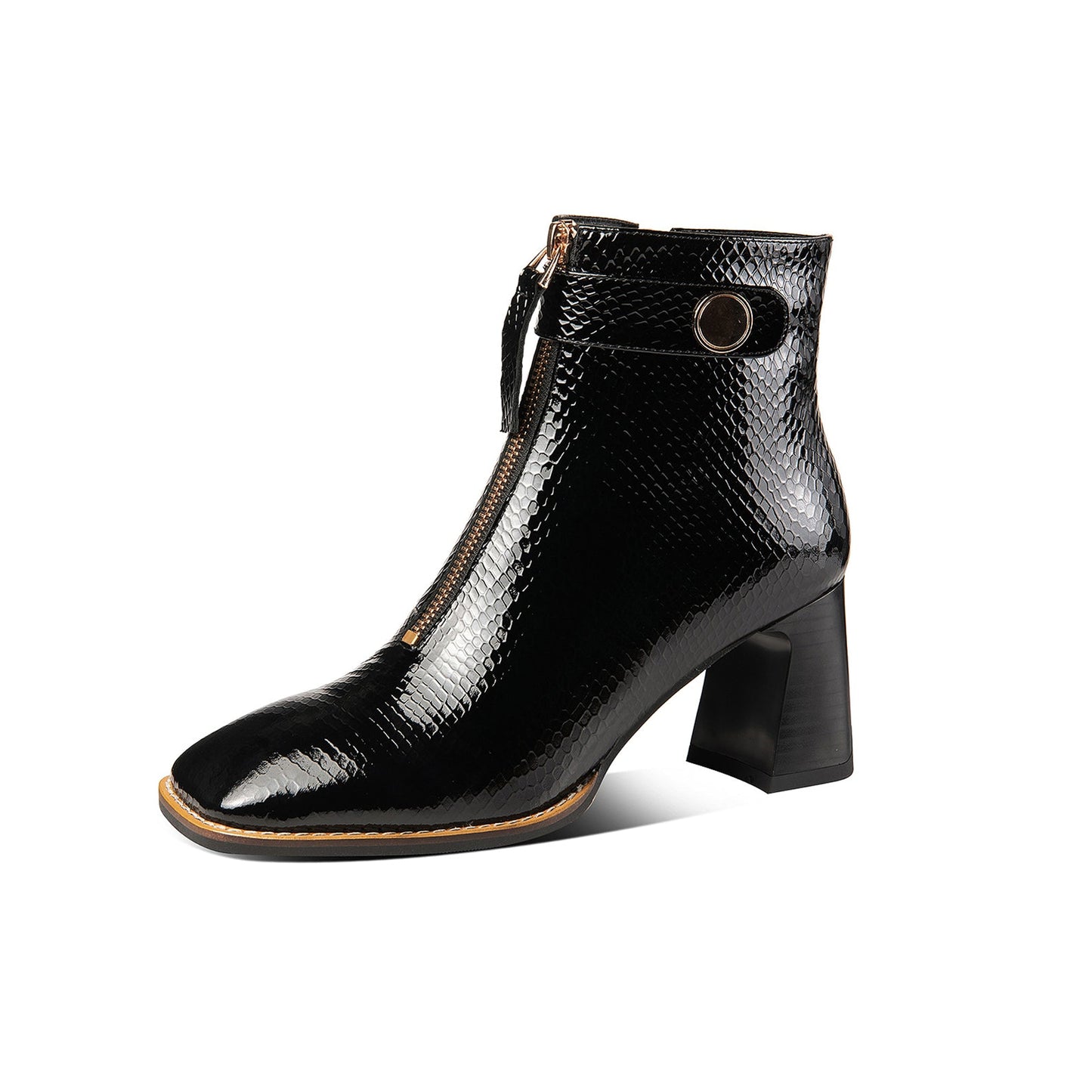 Nine Seven Genuine Leather Women's Handmade Chunky Heel Side Zip Up Square Toe Ankle Boots with Front Zipper Decor