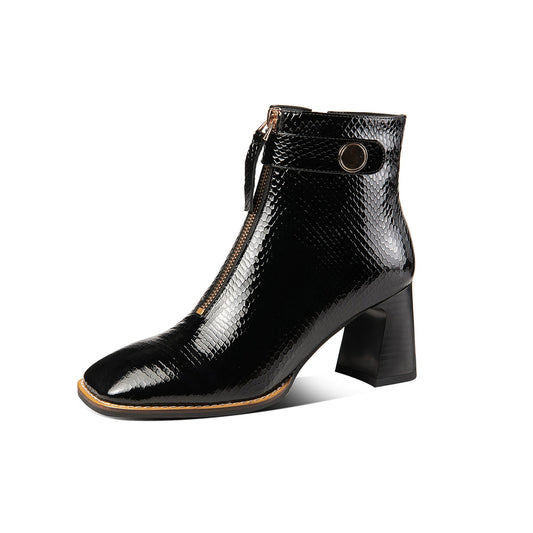 Nine Seven Genuine Leather Women's Handmade Chunky Heel Side Zip Up Square Toe Ankle Boots with Front Zipper Decor