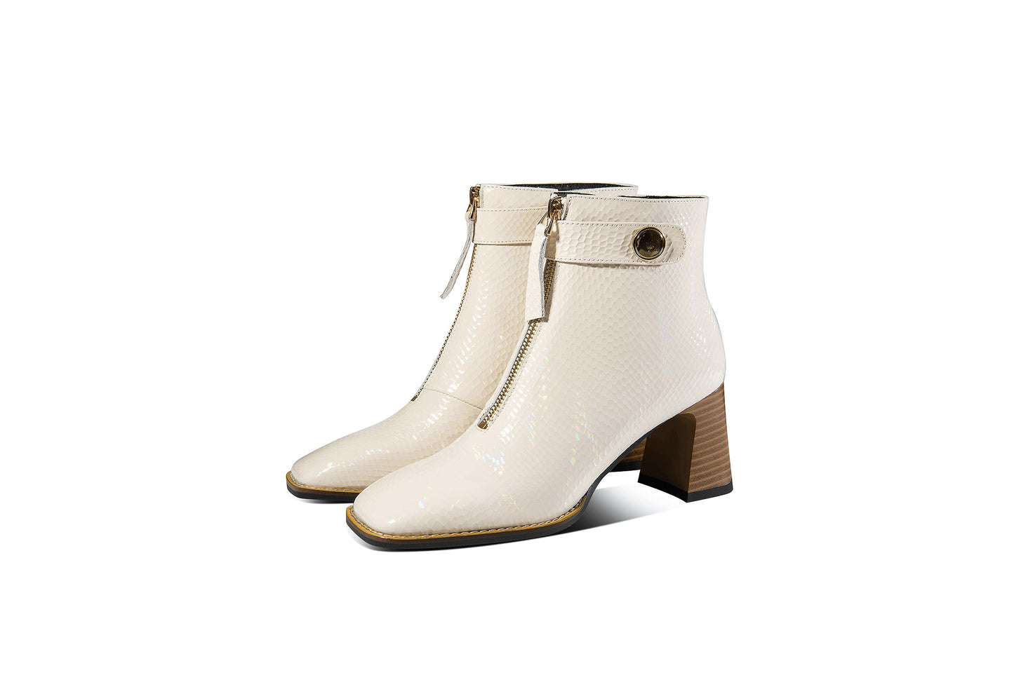 Nine Seven Genuine Leather Women's Handmade Chunky Heel Side Zip Up Square Toe Ankle Boots with Front Zipper Decor