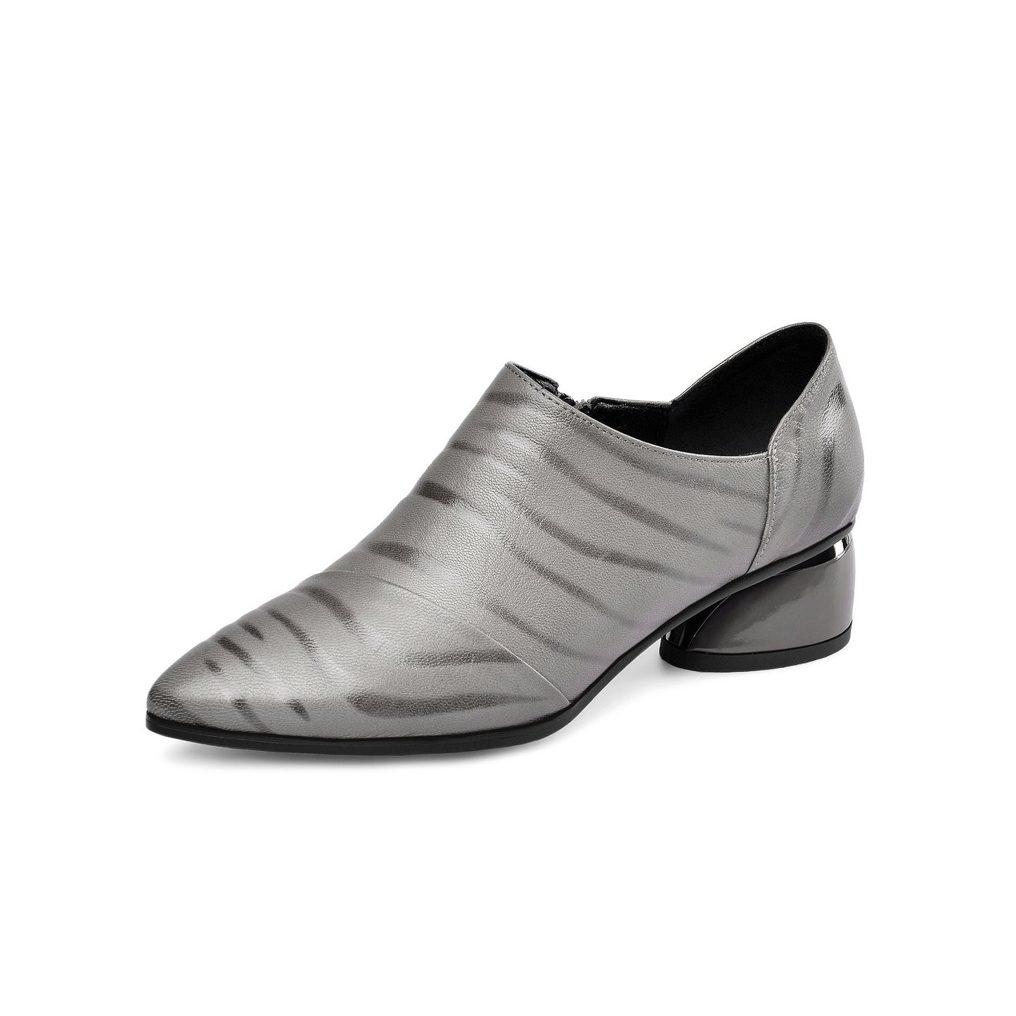 Nine Seven Women's Printed Genuine Leather Handmade Pointed Toe Side Zipper Casual Pumps Shoes with Low Heels