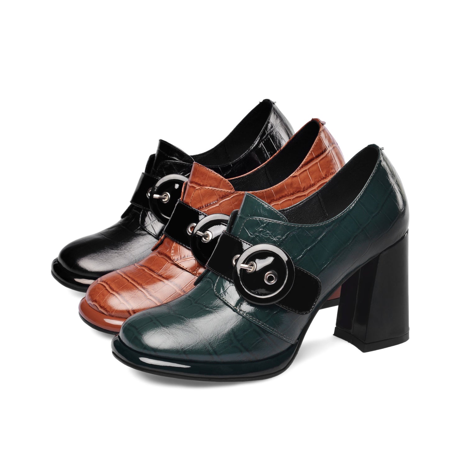 Nine Seven Women's Handmade Genuine Leather Round Toe Buckled Trendy Platform High Chunky Heel Slip On Pumps