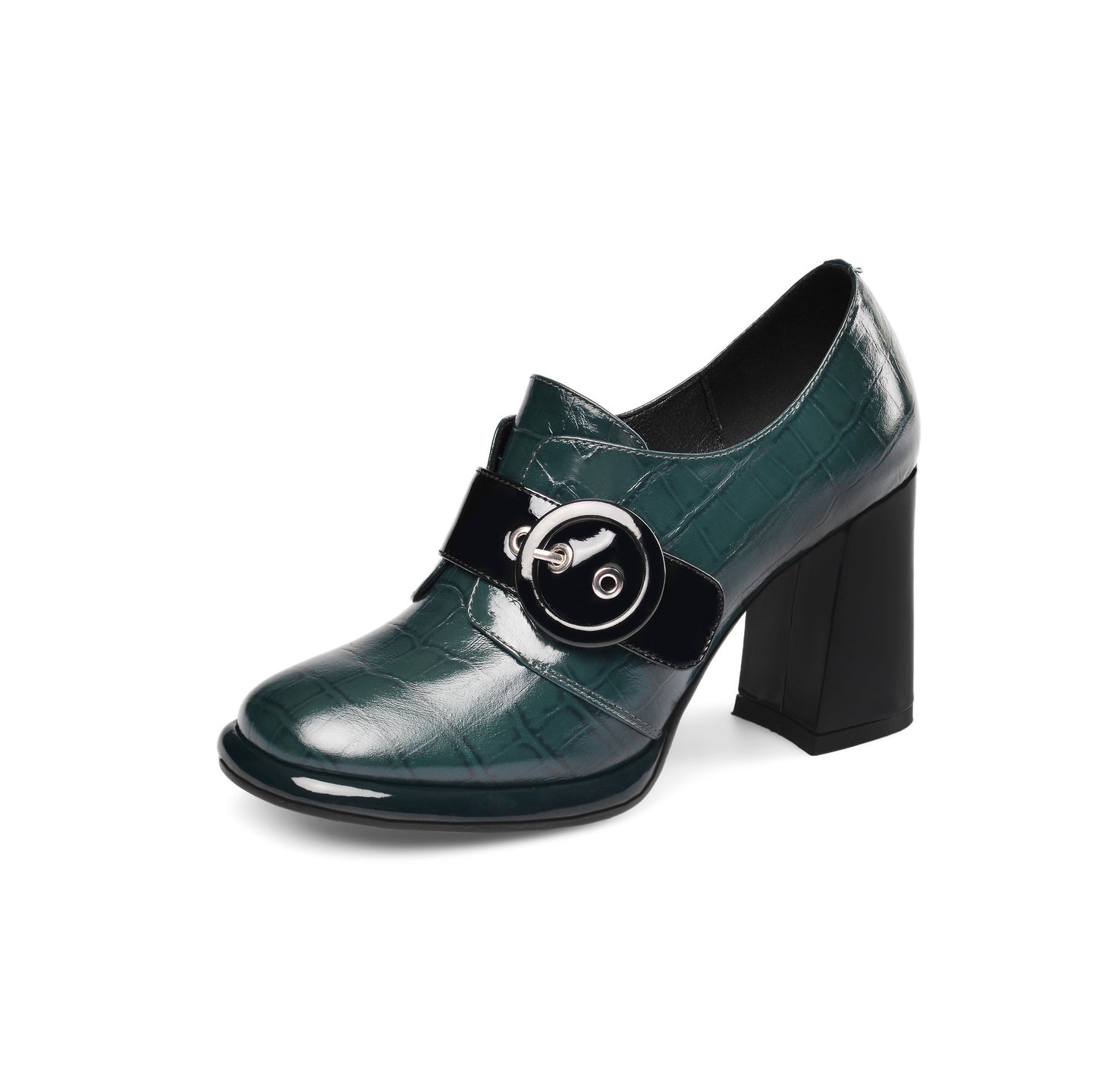 Nine Seven Women's Handmade Genuine Leather Round Toe Buckled Trendy Platform High Chunky Heel Slip On Pumps