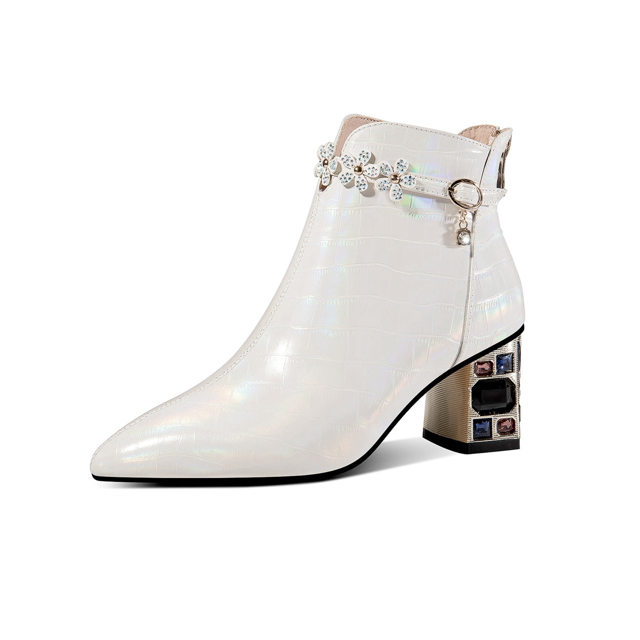 Nine Seven Genuine Leather Women's Handmade Crystal Chunky Heel Pointed Toe Back zip Up Floral Belt Ankle Booties