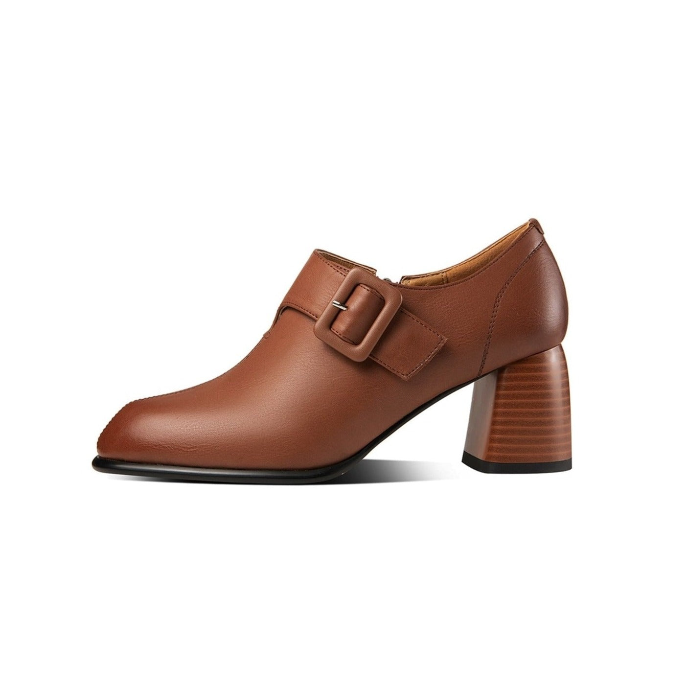 Nine Seven Genuine Leather Women's Handmade Block Heel Side Zip Up Oxford Pumps with Modern Buckle