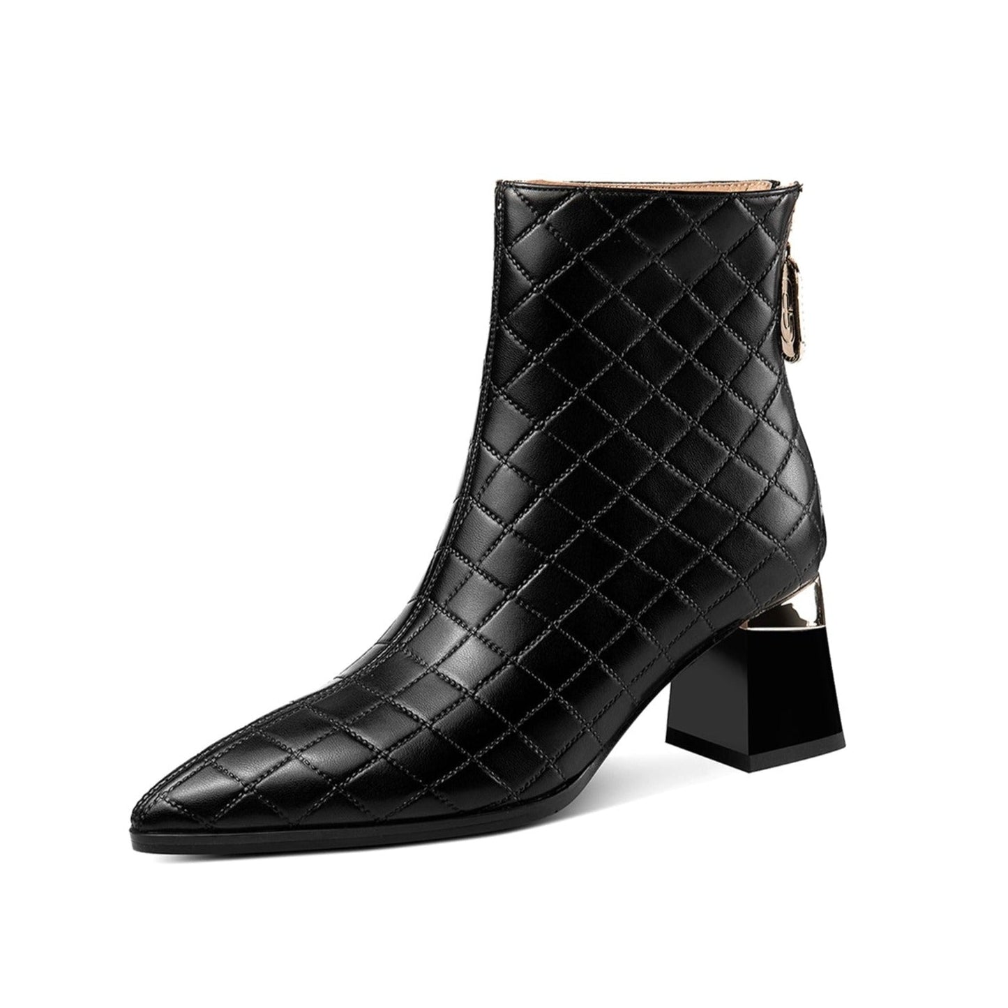 Nine Seven Genuine Leather Women's Handmade Pointed Toe Checkered Chunky Heel Back Zip Up Ankle Boots