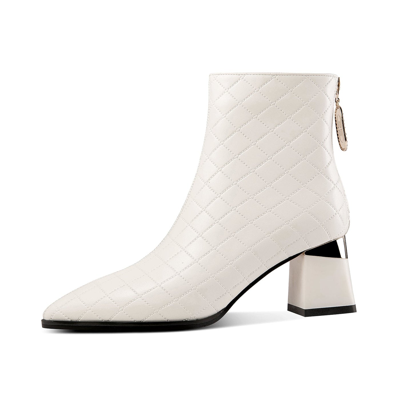 Nine Seven Genuine Leather Women's Handmade Pointed Toe Checkered Chunky Heel Back Zip Up Ankle Boots