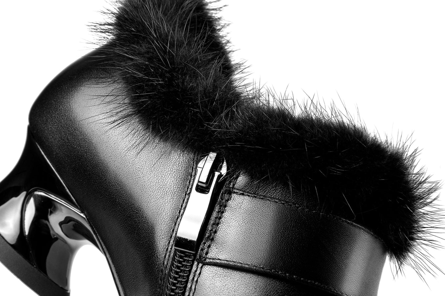 Nine Seven Women's Genuine Leather Handmade Spool Heel Side Zip Up Pointed Toe Chic Buckle Oxford Pumps with Fur Decor