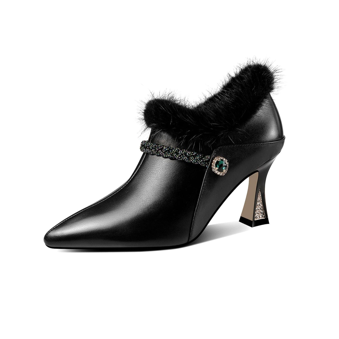 Nine Seven Women's Handmade Genuine Leather and Fur Side Zip Up High Heel Pointed Toe Oxford Pumps with Green Crystal Decor