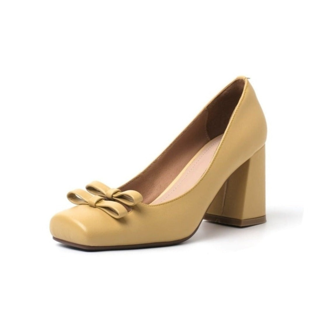 Nine Seven Handmade Women's Genuine Leather Slip On Bow Square Toe High Chunky Heel Pumps Shoes