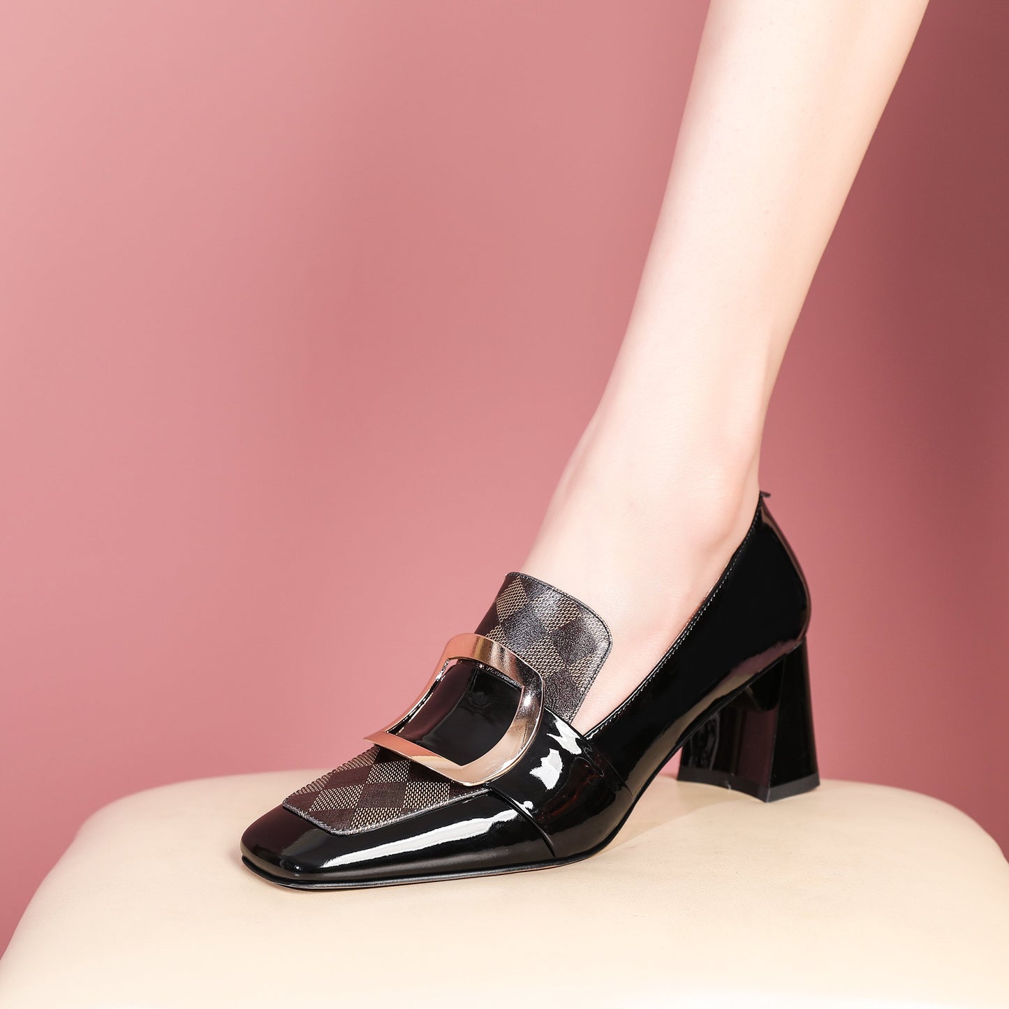 Nine Seven Patent Leather Women's Handmade Metal Square Pattern Design Classic Chunky Heel Loafer Pumps