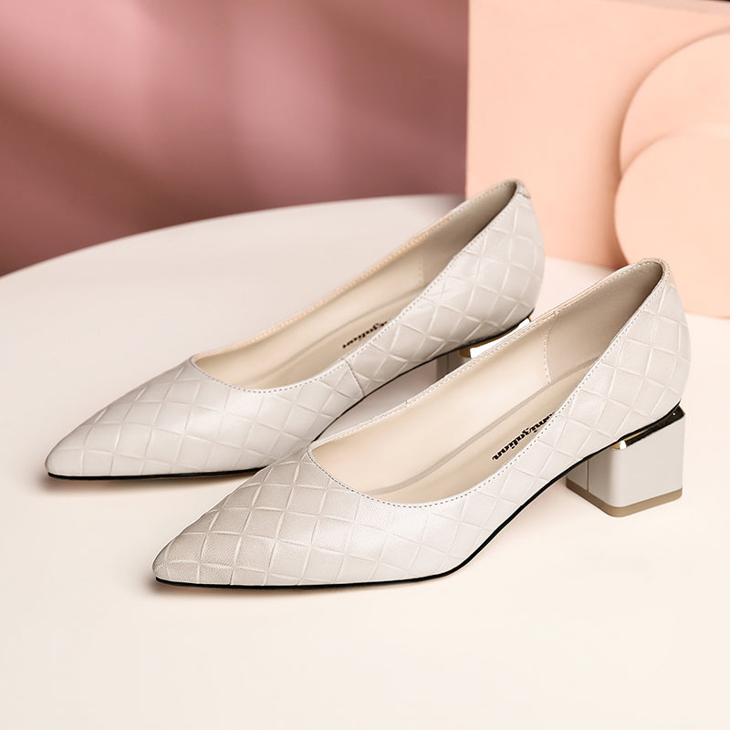 Nine Seven Glossy Genuine Leather Women's Handmade Pointed Toe Spool Heel Golden Square Pattern Decor Slip On Loafer Pumps