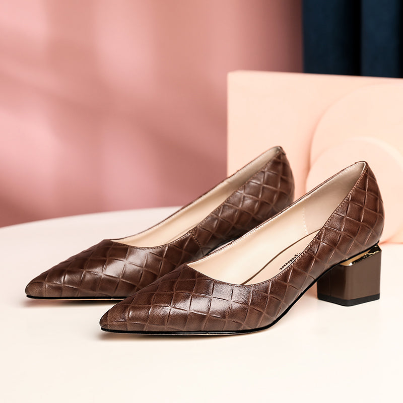 Nine Seven Glossy Genuine Leather Women's Handmade Pointed Toe Spool Heel Golden Square Pattern Decor Slip On Loafer Pumps