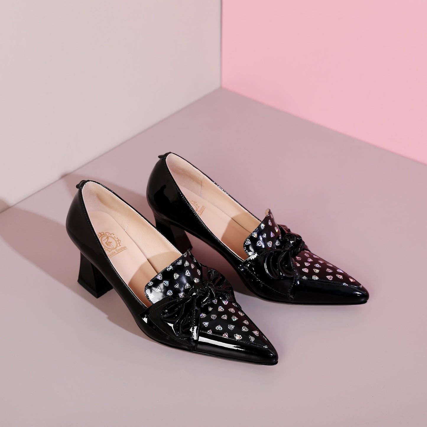 Nine Seven Glossy Patent Leather Women's Handmade Pointed Toe Dots Decor Spool Heel Pumps with Bowknot