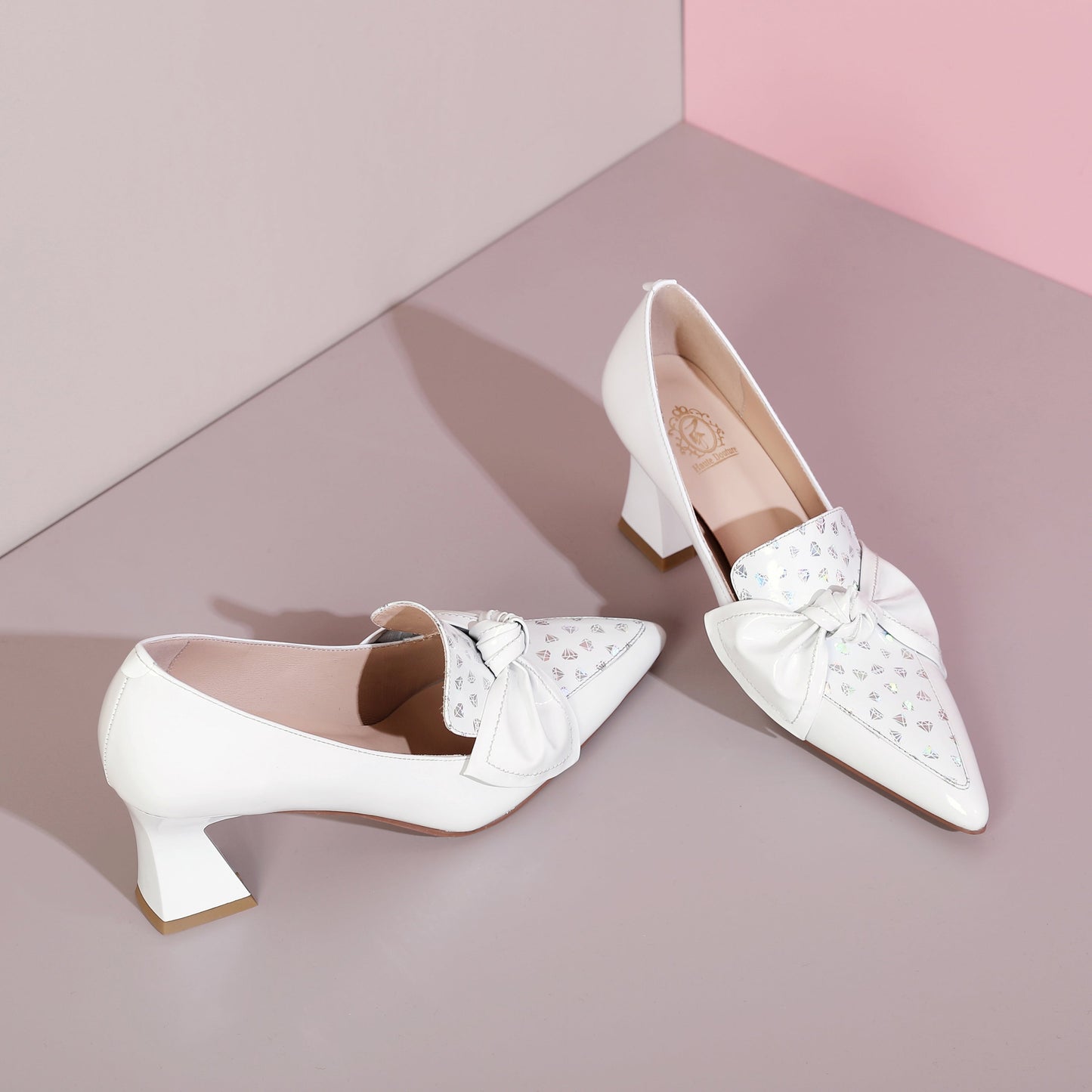 Nine Seven Glossy Patent Leather Women's Handmade Pointed Toe Dots Decor Spool Heel Pumps with Bowknot