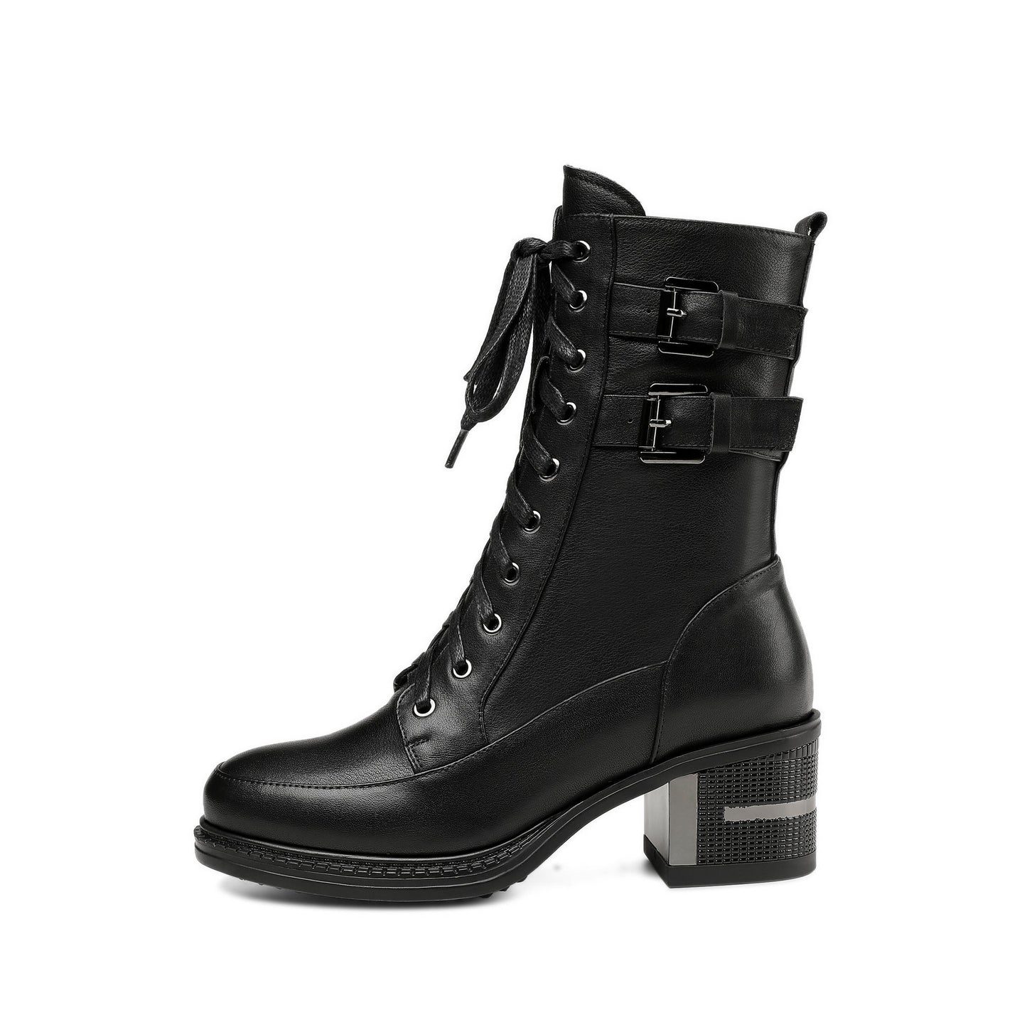 Nine Seven Genuine Leather Round Toe Lace Up Side Zipper Handmade Buckles Mid Chunky Heels Stylish Women's Mid-Calf Boots