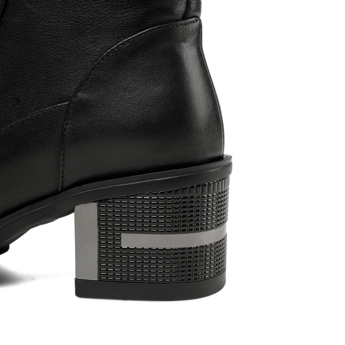 Nine Seven Genuine Leather Round Toe Lace Up Side Zipper Handmade Buckles Mid Chunky Heels Stylish Women's Mid-Calf Boots