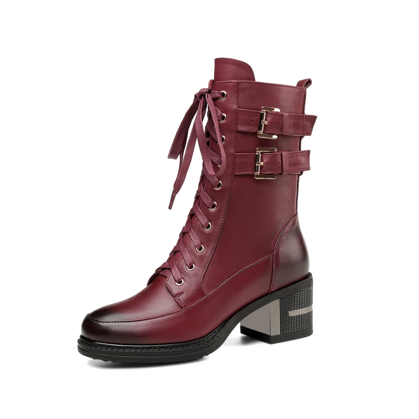 Nine Seven Genuine Leather Round Toe Lace Up Side Zipper Handmade Buckles Mid Chunky Heels Stylish Women's Mid-Calf Boots