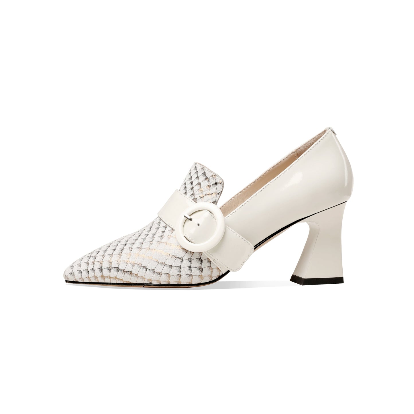 Nine Seven Patent and Genuine Leather Women's Handmade Pointed Toe Modern Buckle Decor Mid Spool Heel Slip On Pump Shoes