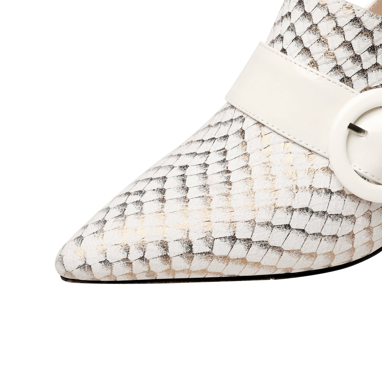 Nine Seven Patent and Genuine Leather Women's Handmade Pointed Toe Modern Buckle Decor Mid Spool Heel Slip On Pump Shoes