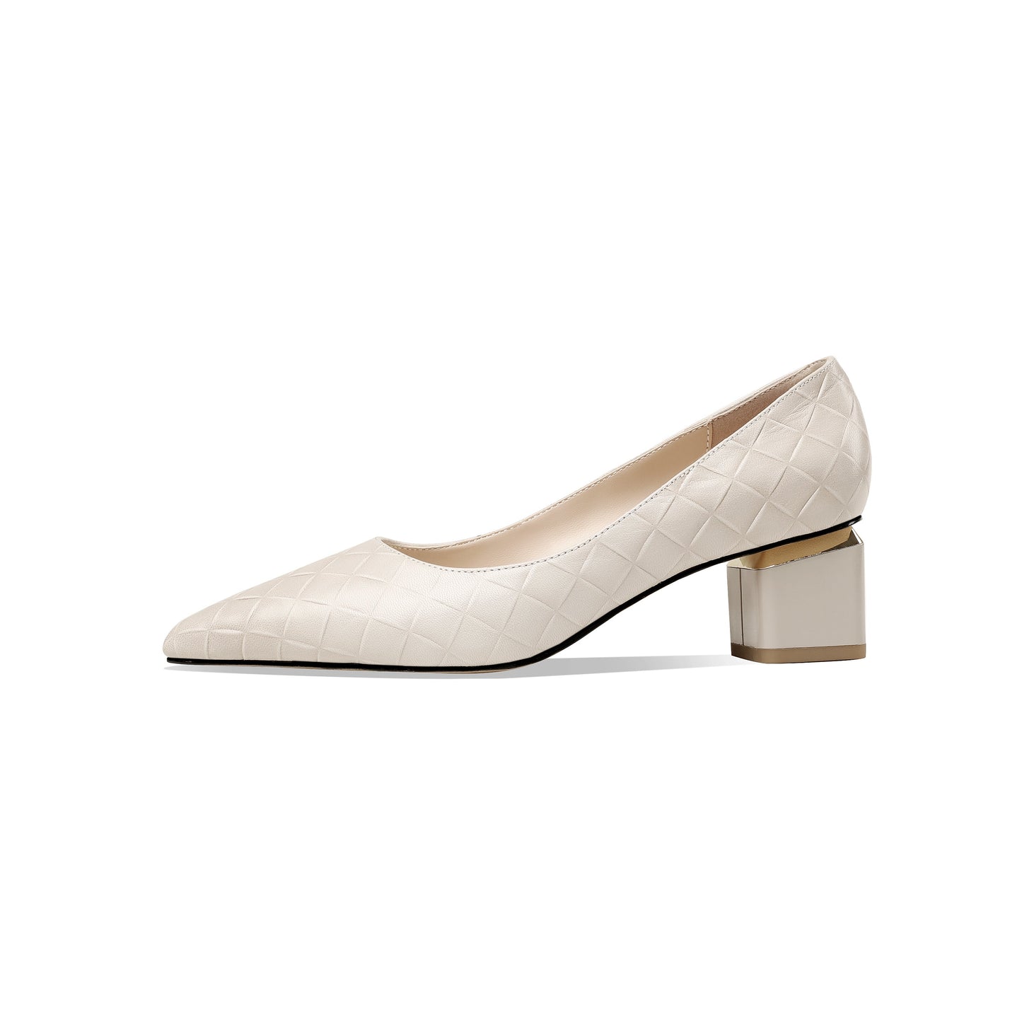 Nine Seven Glossy Genuine Leather Women's Handmade Pointed Toe Spool Heel Golden Square Pattern Decor Slip On Loafer Pumps