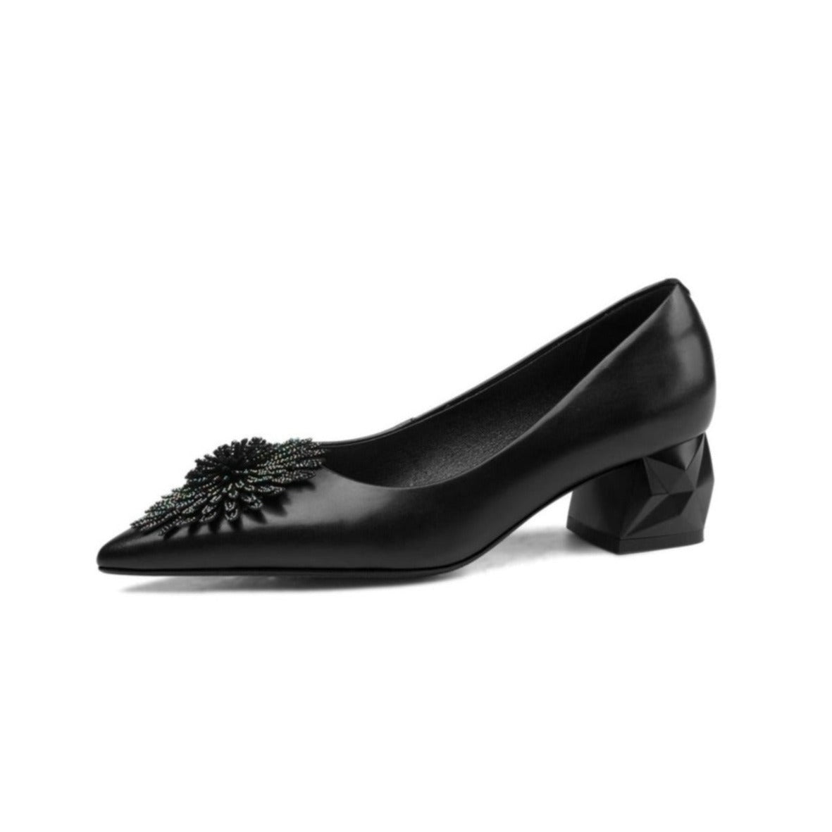 Nine Seven Women's Pointed Toe Genuine/Suede Leather Handmade Rhinestone Floral Decor Low Chunky Heel Pumps Shoes