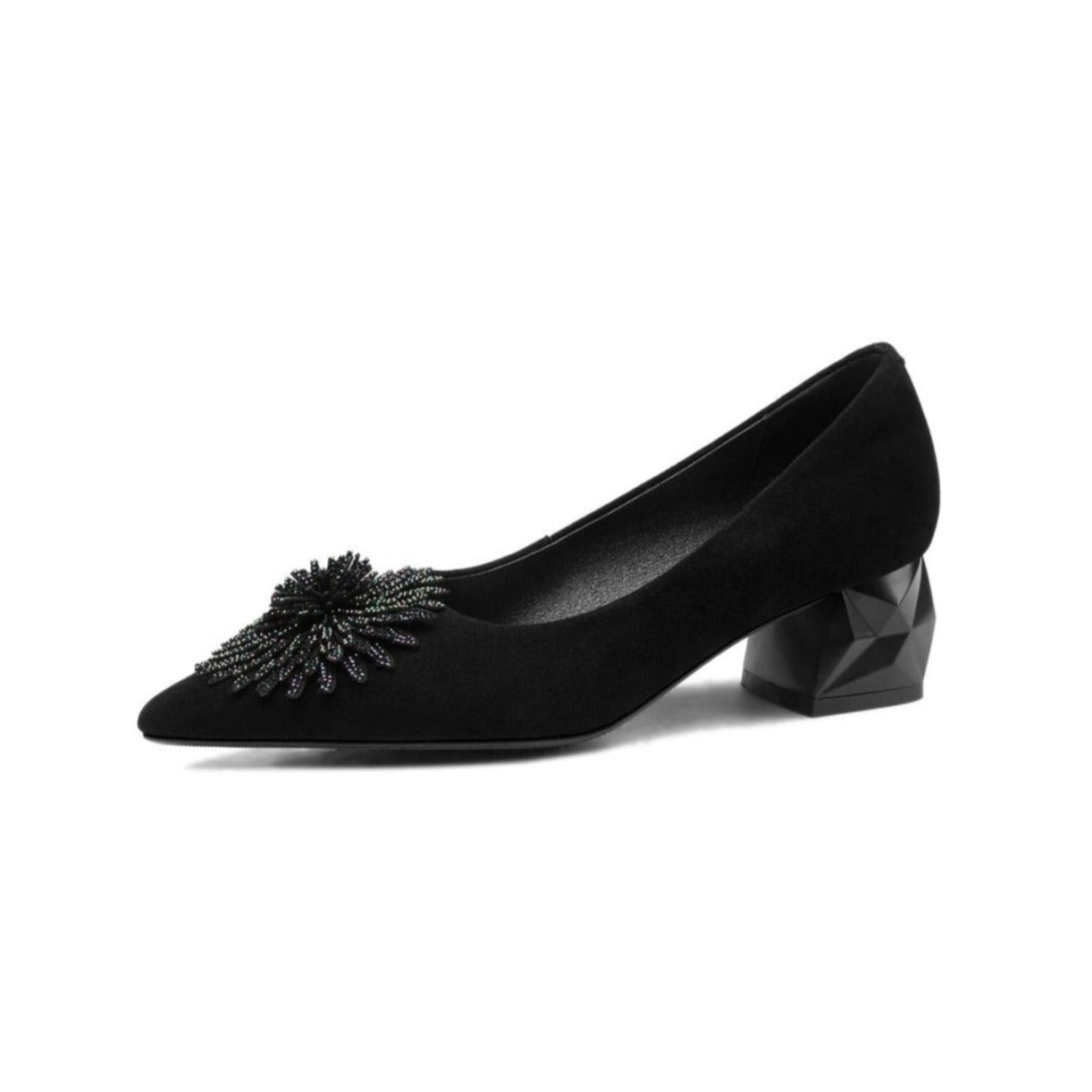 Nine Seven Women's Pointed Toe Genuine/Suede Leather Handmade Rhinestone Floral Decor Low Chunky Heel Pumps Shoes