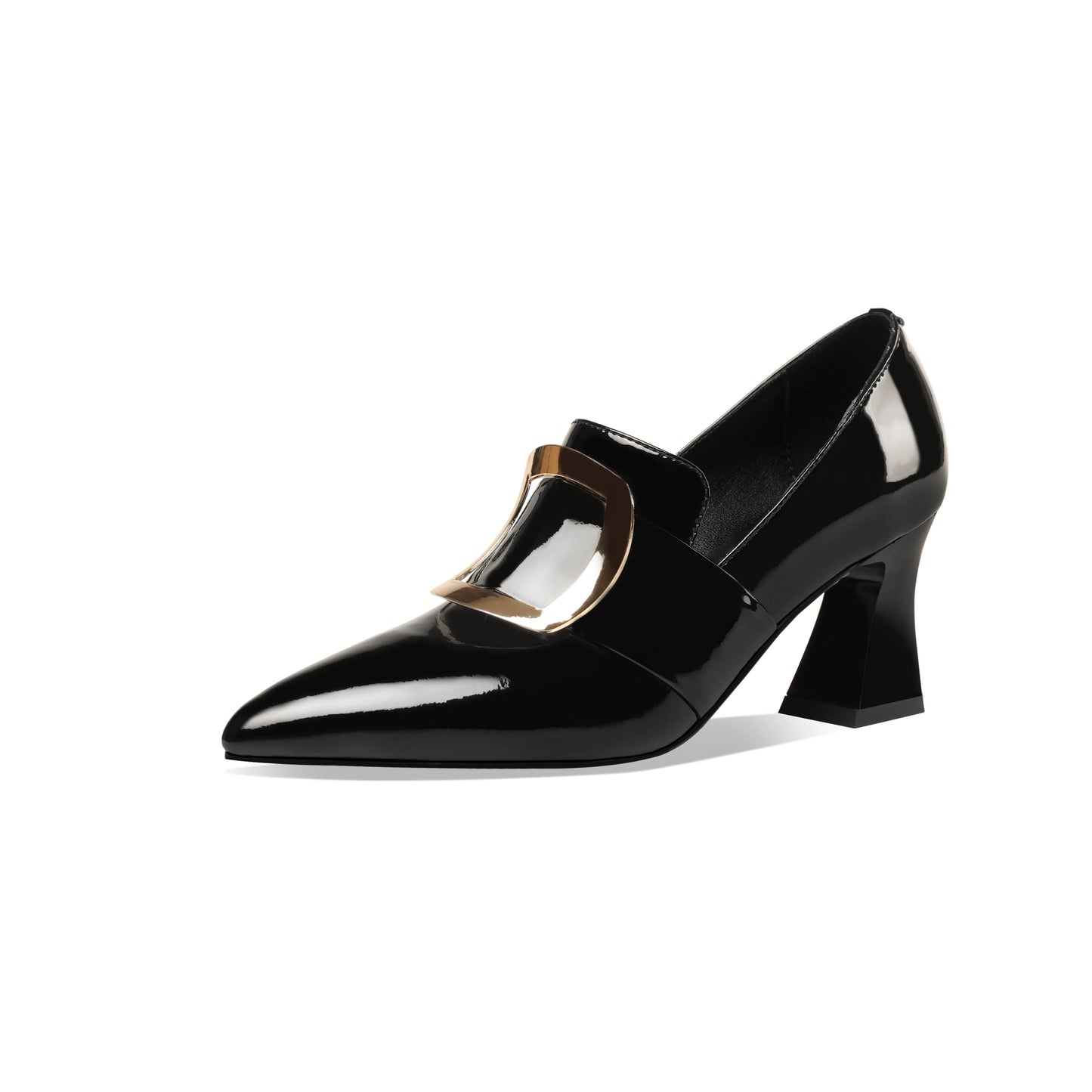 Nine Seven Glossy Patent Leather Women's Handmade Pointed Toe Spool Heel Golden Square Pattern Decor Slip On Loafer Pumps