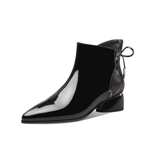 Nine Seven Patent Leather Women's Handmade Comfortable Block Heel Side Zip Up Pointed Toe Cute Bowtie Ankle Booties