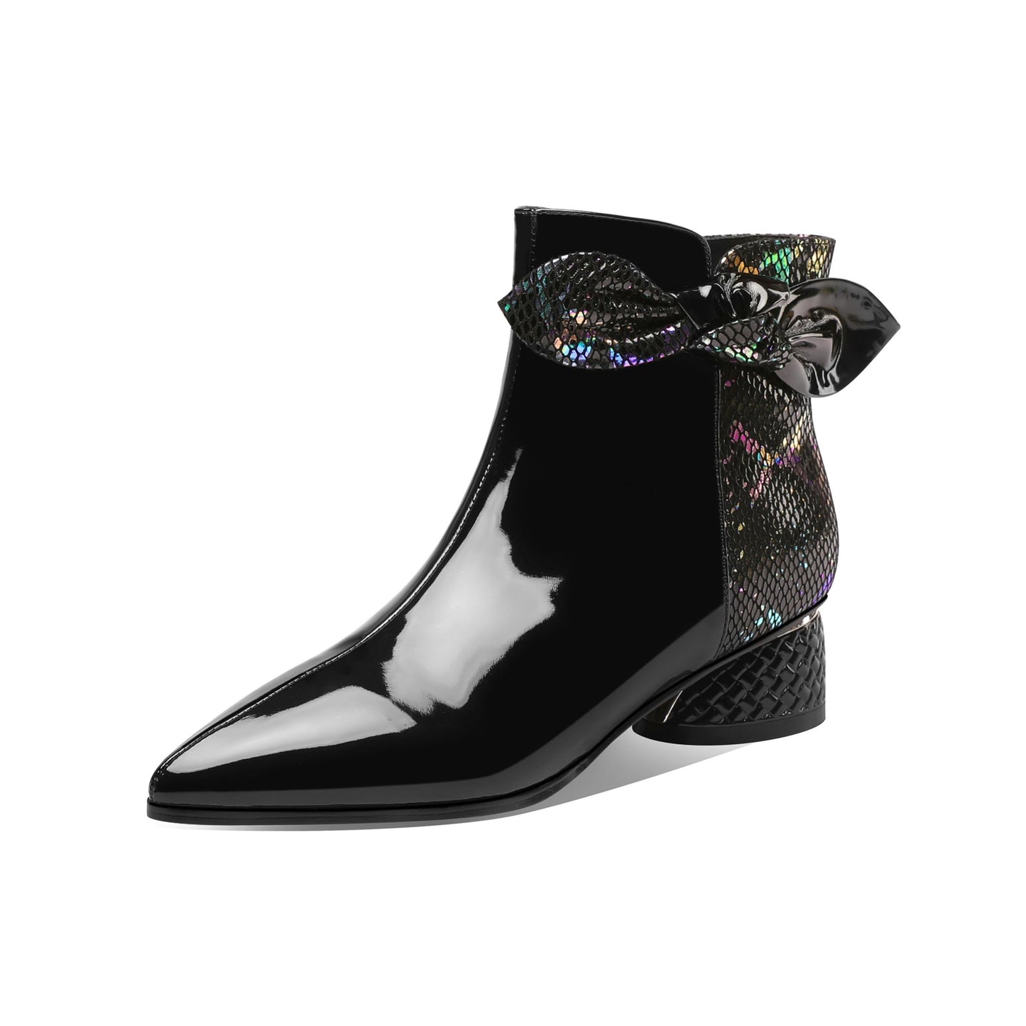 Nine Seven Women's Handmade Glossy Patent Leather Side Zip Up Block Heel Mesh Hollow Bowknot Design Ankle Booties