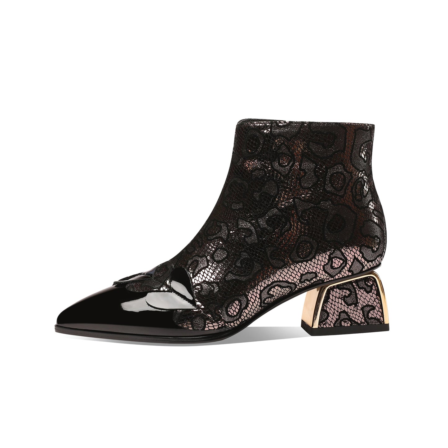 Nine Seven Women's Handmade Patent Genuine Leather Block Heel Side Zip Up Floral Mesh Hollow Ankle Boots with Heart Decor