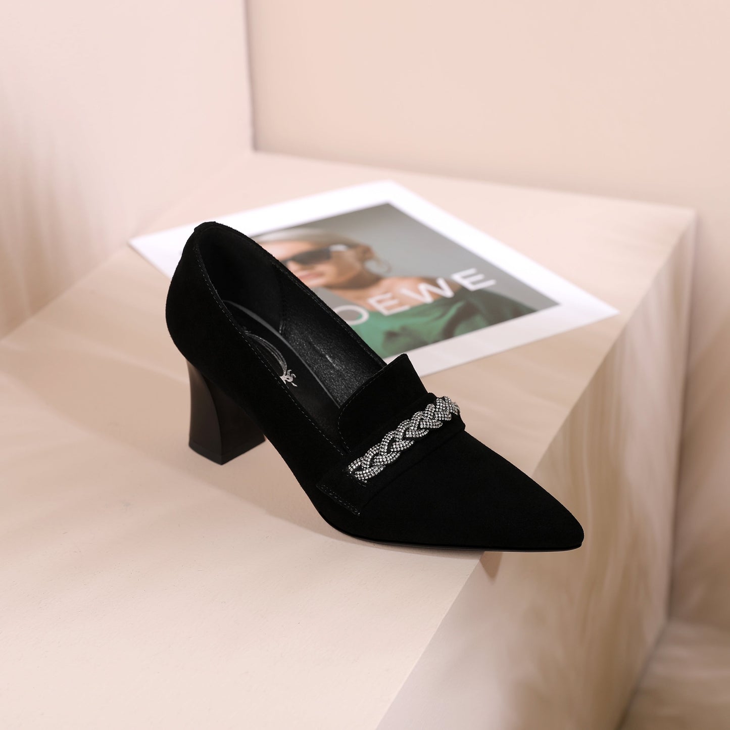 Nine Seven Women's Pointed Toe Genuine/Suede Leather Handmade Mid Chunky Heels Stylish Slip On Pumps Shoes