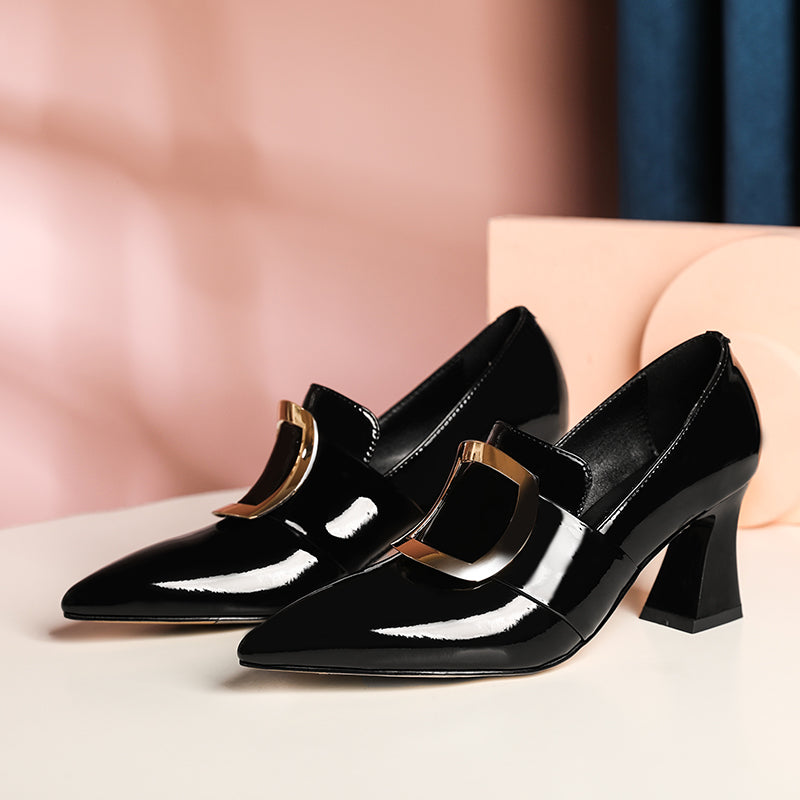 Nine Seven Glossy Patent Leather Women's Handmade Pointed Toe Spool Heel Golden Square Pattern Decor Slip On Loafer Pumps