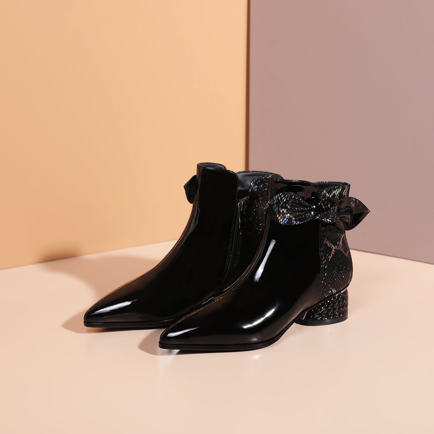 Nine Seven Women's Handmade Glossy Patent Leather Side Zip Up Block Heel Mesh Hollow Bowknot Design Ankle Booties