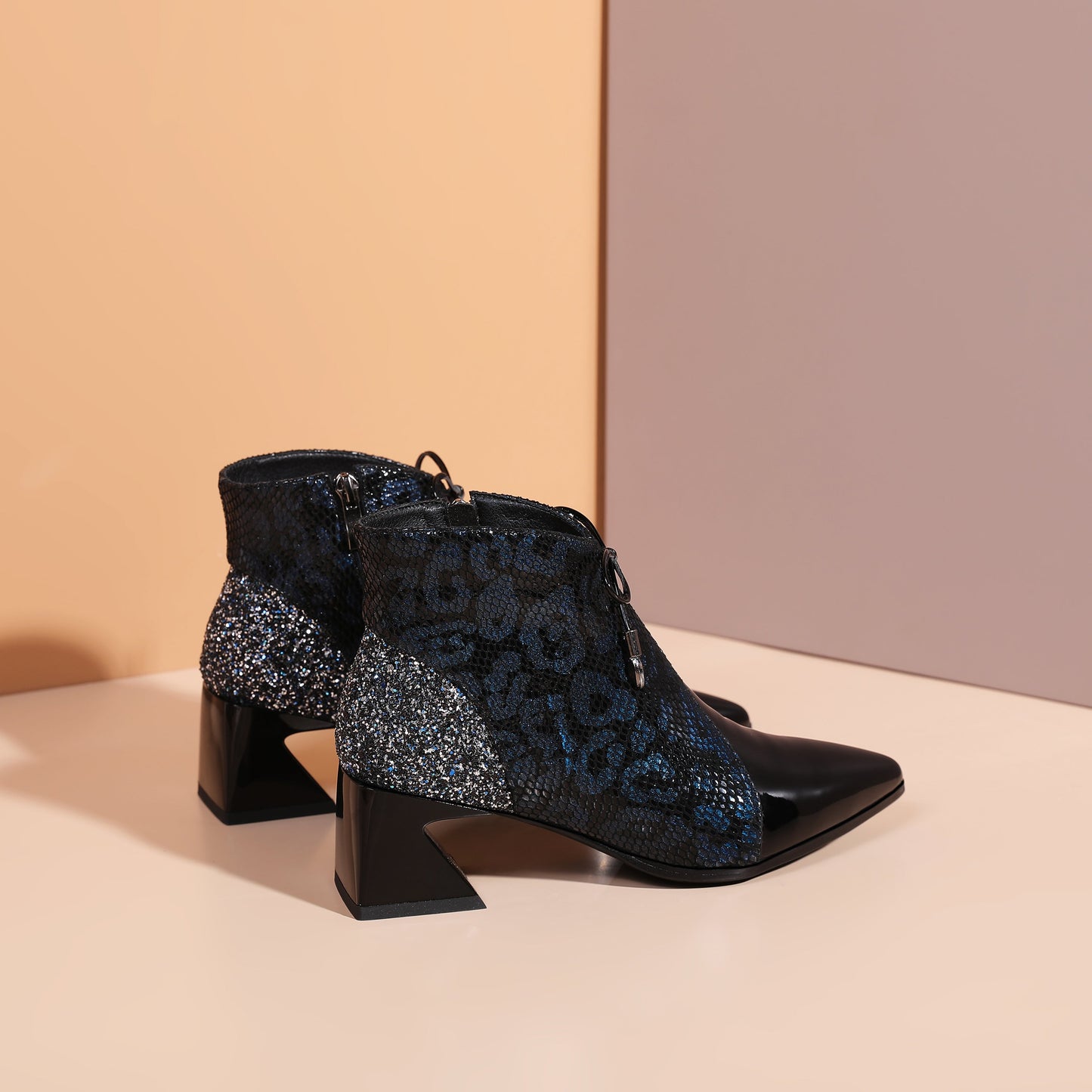 Nine Seven Women's Handmade Leather Assorted Color Side Zip Up Spool Heel Mesh Hollow Bowktie Ankle Boots