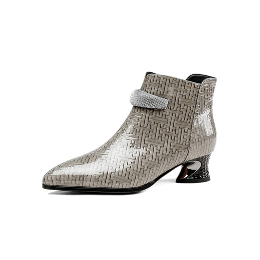 Nine Seven Women's Pointed Toe Glossy Patent Leather Handmade Zipper Low Chunky Heels Casual Ankle Boots