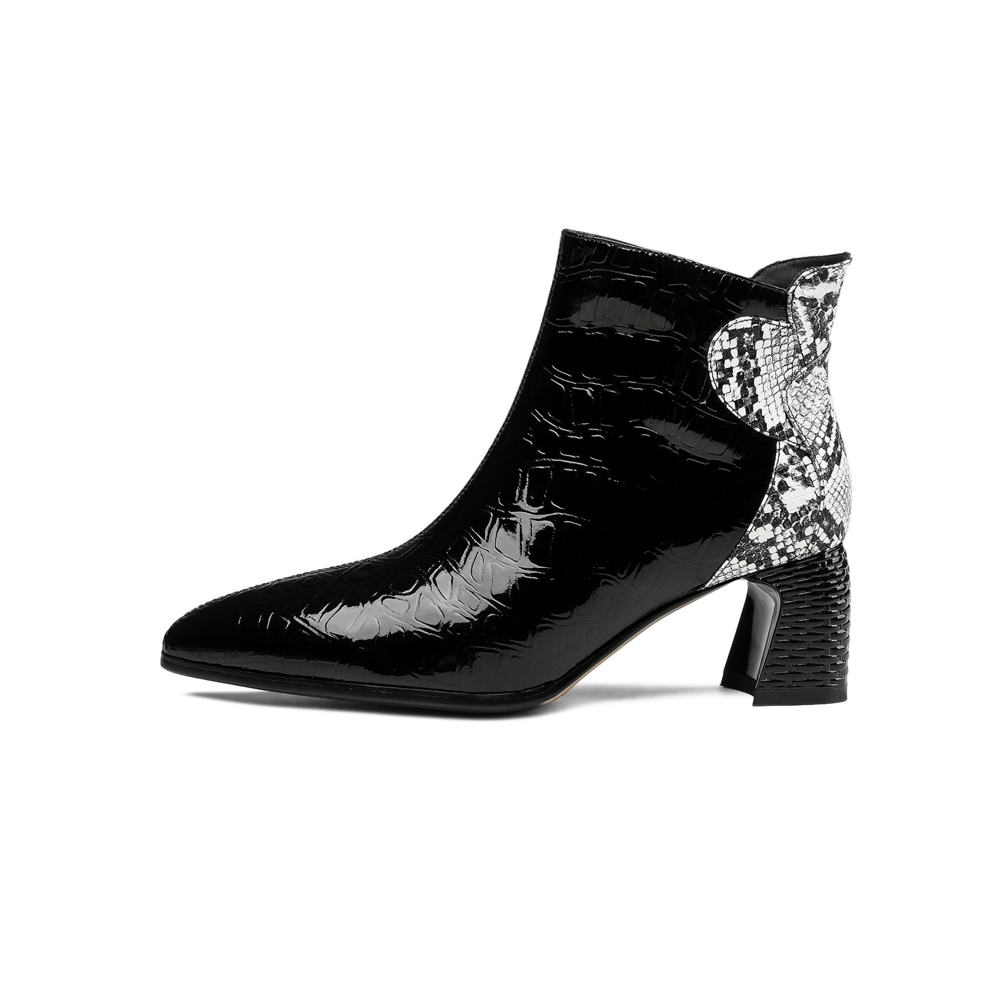 Nine Seven Handmade Women's Patent Leather Patchwork Color Snakeskin Pointed Toe Side Zipper Mid Block Heel Ankle Boots Shoes