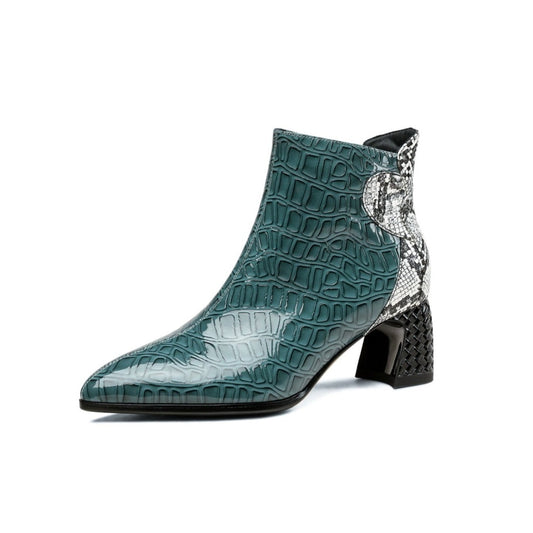 Nine Seven Handmade Women's Patent Leather Patchwork Color Snakeskin Pointed Toe Side Zipper Mid Block Heel Ankle Boots Shoes