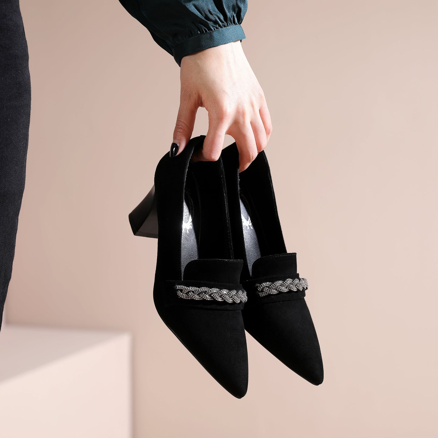 Nine Seven Women's Pointed Toe Genuine/Suede Leather Handmade Mid Chunky Heels Stylish Slip On Pumps Shoes