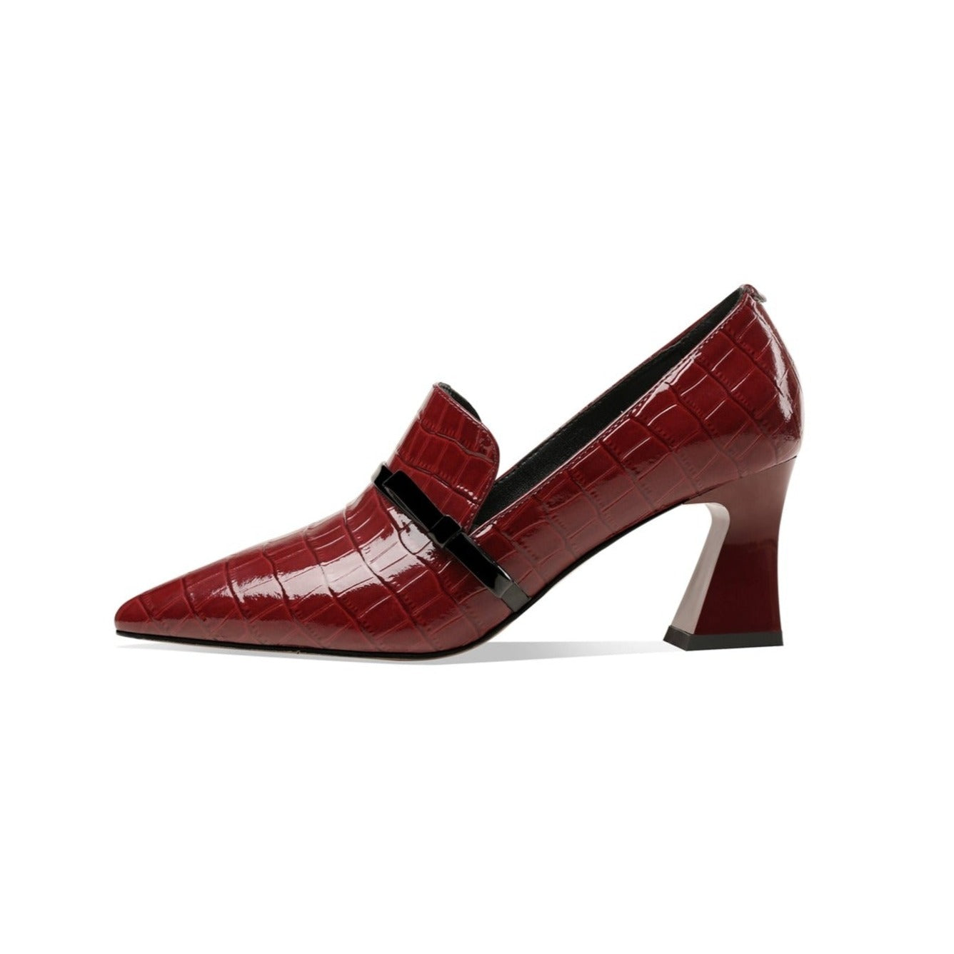 Nine Seven Embossed Patent Leather Handmade Women's Mid Spool Heel Pointed Toe Slip On Modern Pump Shoes with Bowtie